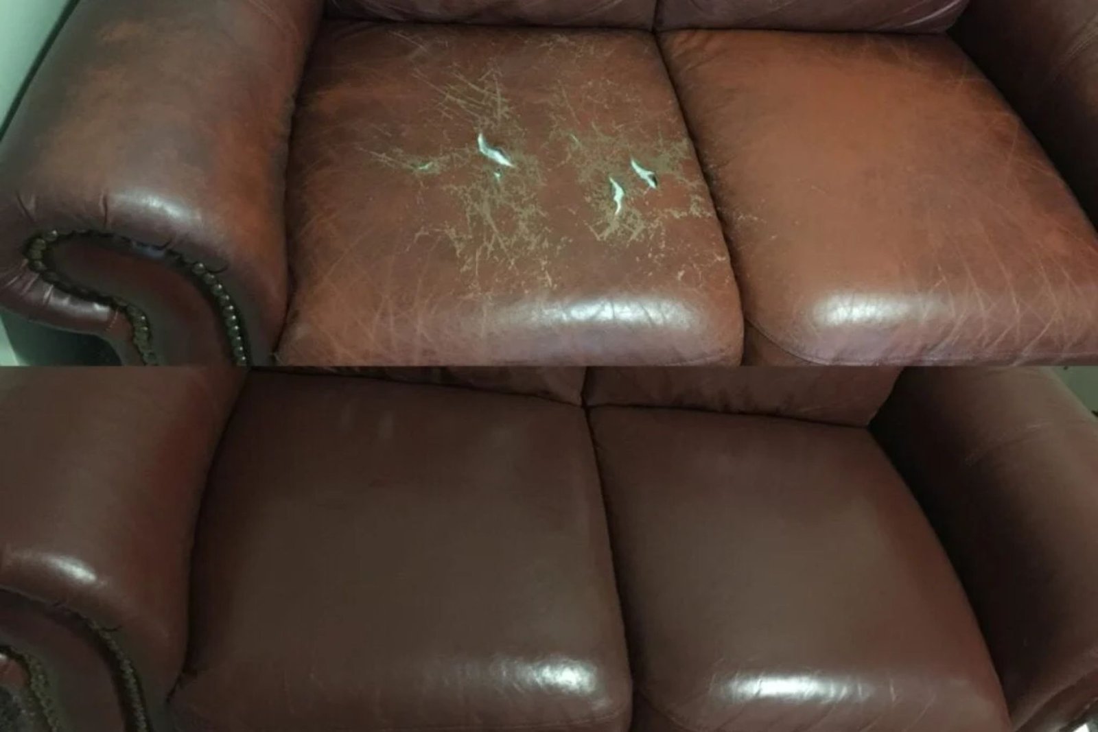 Side-by-side comparison of a worn leather sofa showing scratches and tears on top, restored to a smooth finish on the bottom.